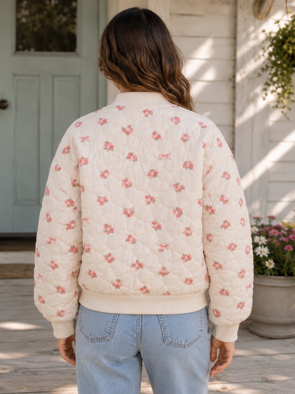 New Me Cream Quilted Floral Rose Bow Bomber Jacket Small NWT - Picture 3 of 4
